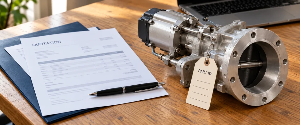 Illustration of quotation paperwork beside a tagged aircraft bleed-air valve
