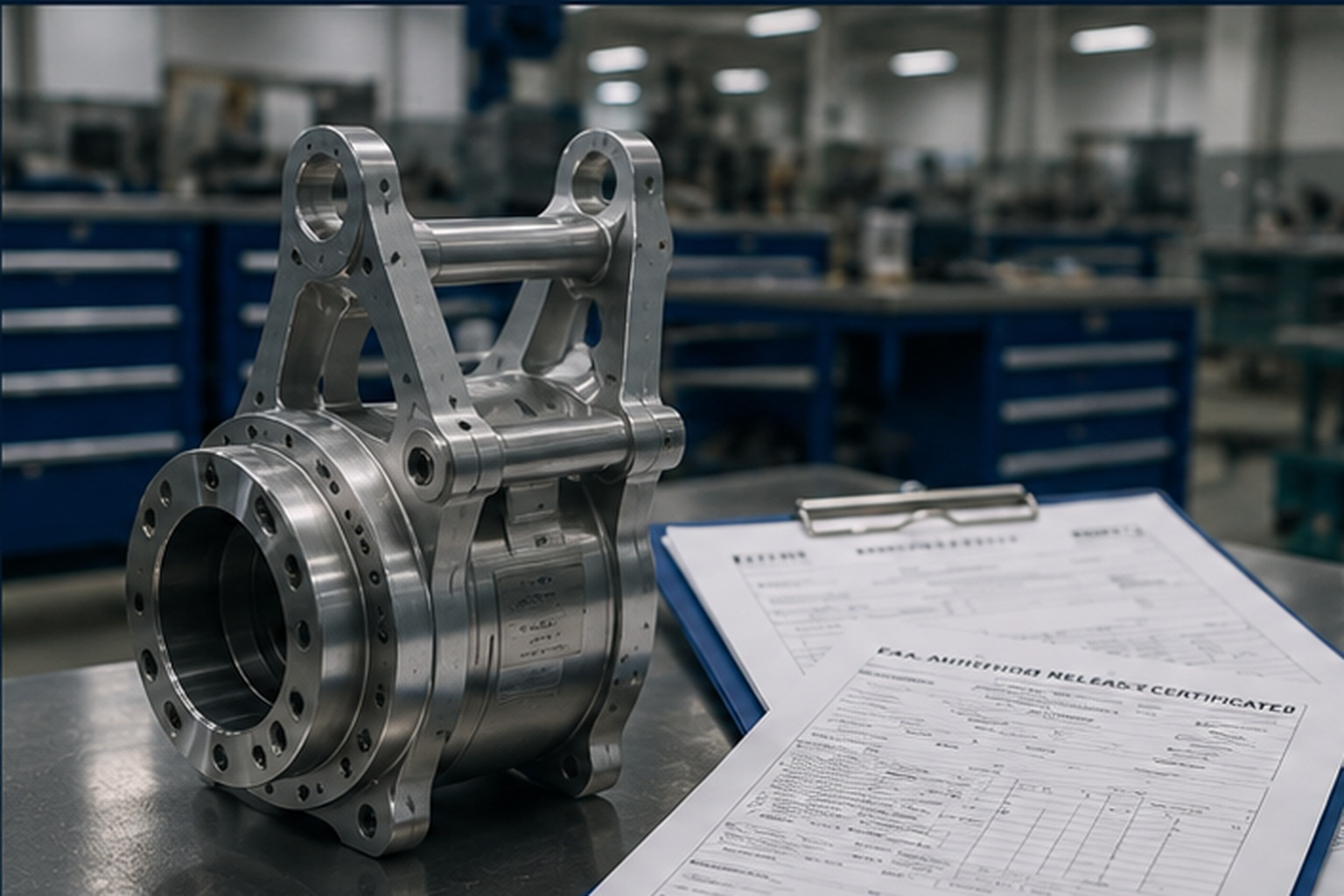 Aviation quality inspector measuring a metallic aircraft component